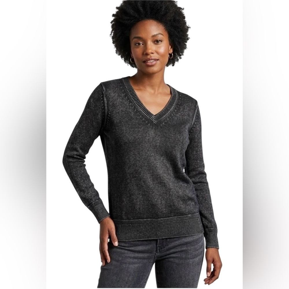 Magaschoni 100% Cotton V-Neck Sweater XS Black Acid Wash Metallic Knit Peru